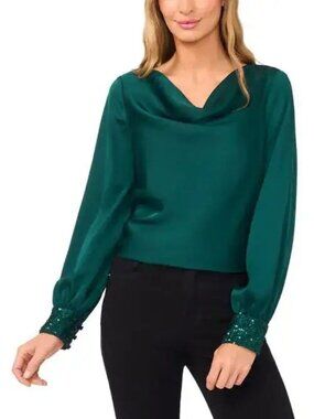 $89 CECE DUPRAZ Sequin Cuff Charmeuse Top - Dark Forest Size L